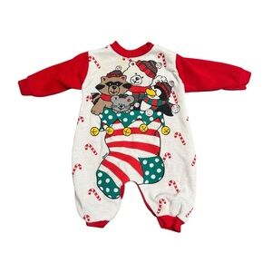 Vintage Santa's Club Critter Stocking Christmas Romper Children's Graphic 3-6 MO